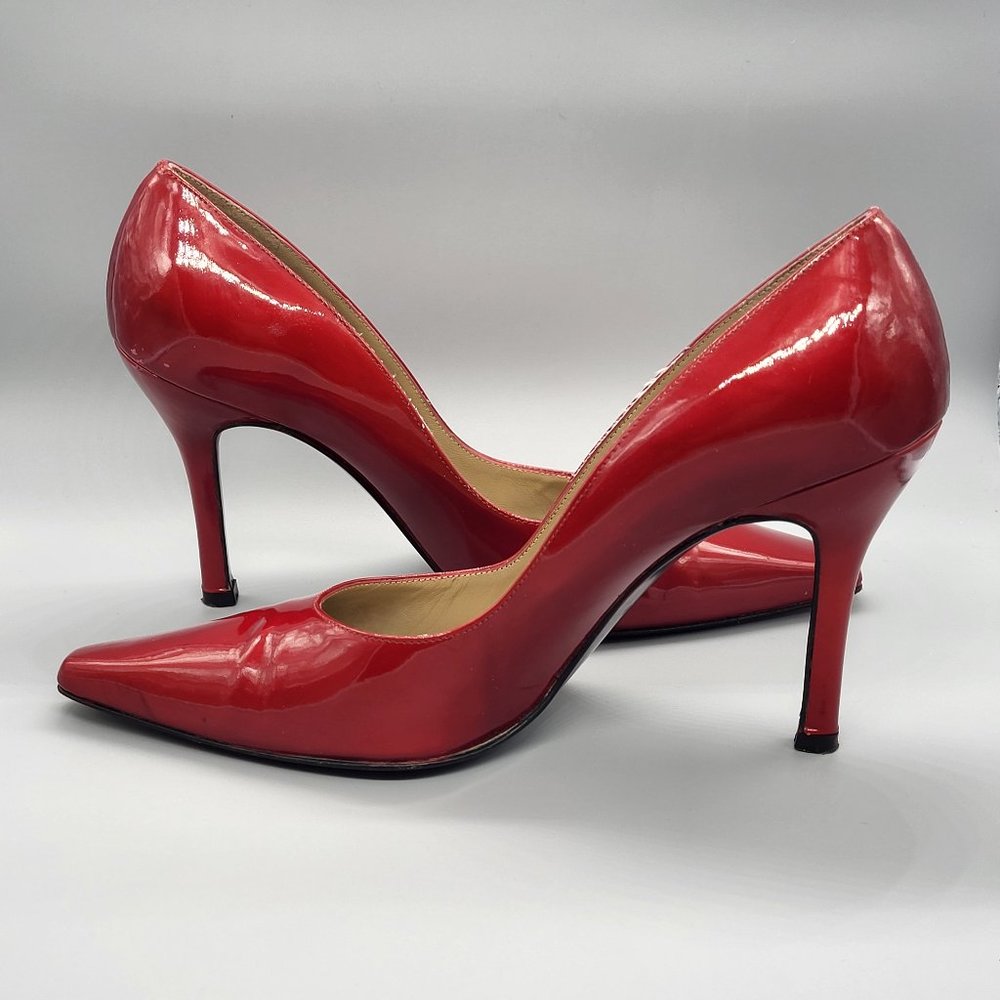 stuart weitzman red patent leather pumps